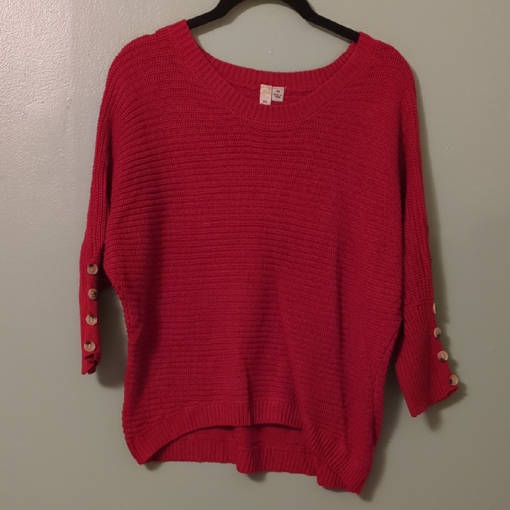 Misia Red Crew Neck Sweater with Button Accents